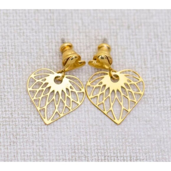 Vintage Abstract Heart Gold Tone Dangle Earrings - K1 - Picture 1 of 3